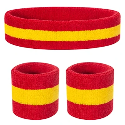 Image of ONUPGO Kids Sweatbands Headband Wristband Set Athletic Cotton Sweat Band for Sports (1 + 2 Wristbands) (Red Yellow Red)