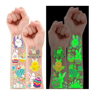 Image of Leesgel Easter Tattoo Stickers for Children, 12 Sheets Luminous Temporary Tattoos Kids Basket Bags Fillers, Glow Toys Prizes Egg Hunt Favours