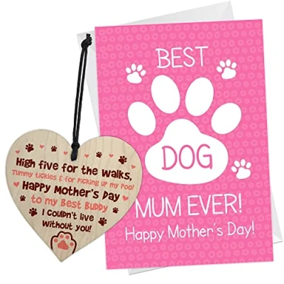 Image of RED OCEAN Mothers Day Card To The Best Dog Mum Ever Novelty Wooden Heart And From Funny Gifts Daughter Son