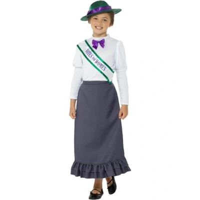 Image of Smiffys Victorian Suffragette Costume, Grey with Skirt, Attached Blouse, Sash &amp; Hat, Girls Fancy Dress, Child Dress Up Costumes