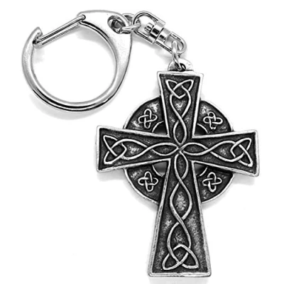 Image of Celtic Cross Push Gate Keyring with Grey Burlap Pouch