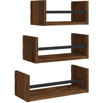 Image of vidaXL 3 Piece Wall Shelf Set with Bars Brown Oak Engineered wood