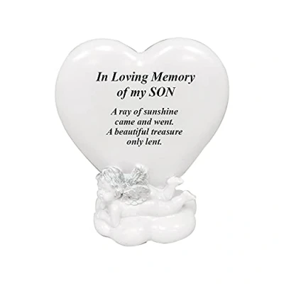 Image of Memorial Heart Plaques Grave Cherub Ornaments Personalised Decoration Plaques, Cherub, Engraved with Remembrance Quotes in Loving Memory of your Special Ones (Son)