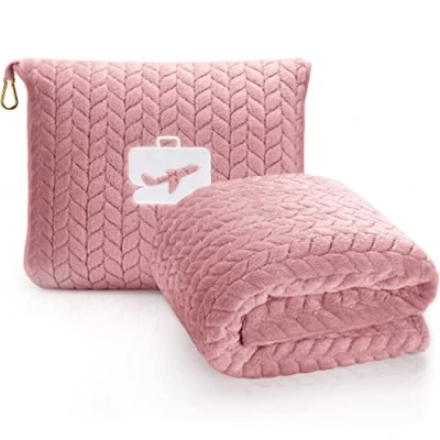 Image of EverSnug Premium Travel Blanket Pillow Soft 2 in 1 Airplane with Bag Pillowcase, Hand Luggage Sleeve and Backpack Clip (Light Pink), King