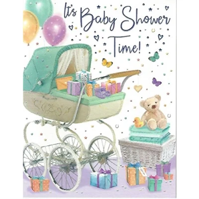Image of Regal Baby Shower Time! Pram Greeting Card