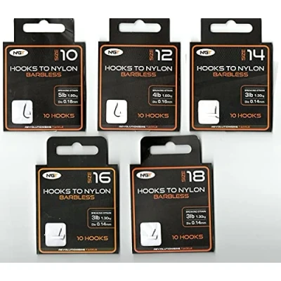 Image of x50 NGT Barbless Hooks to Nylon in Size 10, 12, 14, 16 and 18 TEN of EACH (Fifty total)