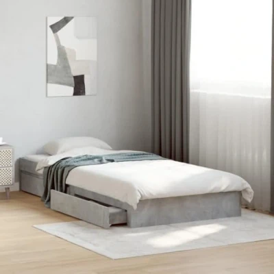 Image of vidaXL Engineered Wood Bed Frame with Drawers Contemporary Single 90x200 cm Concrete Grey Plywood Slats &amp; Storage