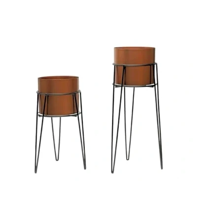 Image of Trendi Set of 2 Planter Pots with Metal Stands, Flower Living Room decor Copper/Bronze Plant pot for Indoor/Outdoor Herb Garden Container Organizer (Modern Design)