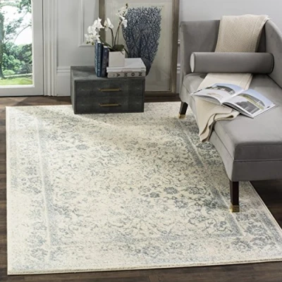 Image of Safavieh Distressed Vintage Rug for Living Room, Dining Bedroom Adirondack Collection, Short Pile, in Ivory and Slate, 183 X 274 cm