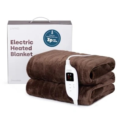 Image of LIVIVO Heated Electric Over Blanket Soft Chocolate Micro Fleece Throw with 10 Heat Settings and Timer Function 160x130cm Easy to Use Detachable Digital Control Machine Washable (Chocolate)