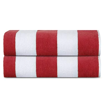 Image of Sweet Needle Beach Towels for Adults Pack of 2 Red White Cabana Striped Classic 100% Cotton Terry Ringspun Pool towel, Quick Dry, Super Absorbent Swimming large 76 x 152 cm