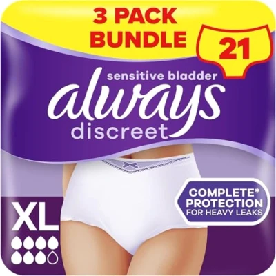 Image of Always Discreet Incontinence Pants Women, Extra Large, UK Size 22 28, White, Absorbency 6, 21 Underwear/Knickers (7 x 3 Pack), Heavy Bladder Leak Protection/Maternity Postpartum, Odour Neutraliser