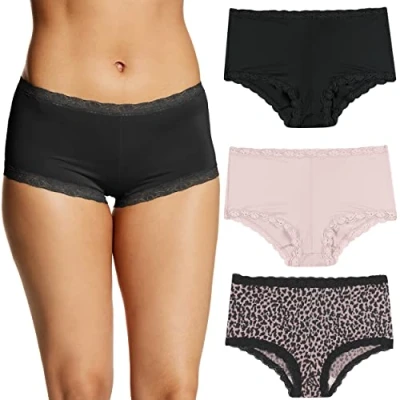 Image of Maidenform Women&#039;s Underwear, Microfiber with Lace Boyshort Panties, One Fab Fit, 3 Pack Boy Short, Black/Gloss/Zippy Animal Print, L (Pack of 3)