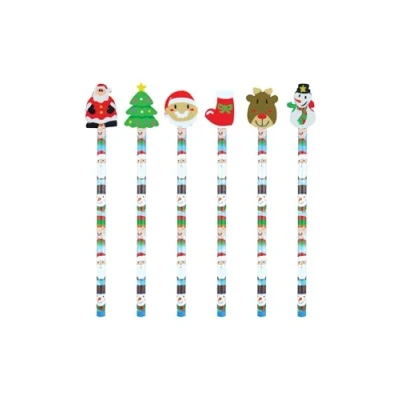 Image of GRO VITS Christmas Pencil With Eraser Pack of 50 Xmas Themed Kids Pencils Rubbers (Assorted Designs and colours)