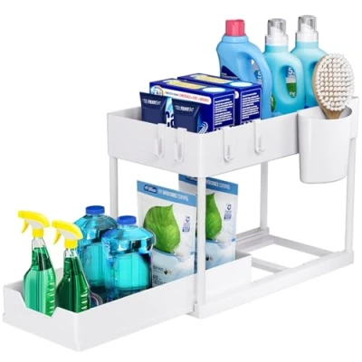 Image of Puricon 1 Pack Under Sink Storage Kitchen Organiser, 2 Tier Shelf with Slide Out Drawer, Multi Purpose Bathroom Rack for Countertop Laundry White