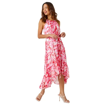 Image of Roman Originals Women Halter Neck Frill Midi Dress Ladies Special Occasion Evening Party Wedding Guest Print Ruffle Detail Sleeveless Round Dresses Pink Ivory Size 18