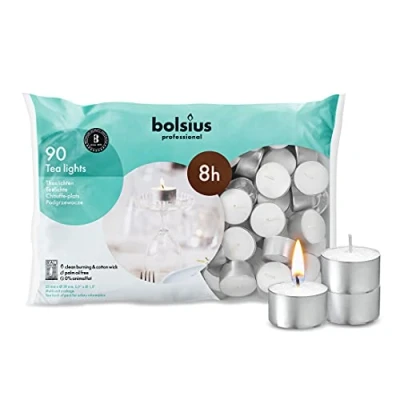 Image of Bolsius Professional Tealights (Pack of 90), White, 8 Hour Burn Time, Cotton Wick, 0% Animal Fat, Clean No Smoke Burning, Restaurant Café Dining Tea Lights, DJ759