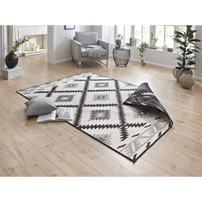 Image of NORTHRUGS Malibu Indoor and Outdoor Rug 80 x 150 cm Reversible Weatherproof Modern Geometric Pattern Runner for Balcony Patio Garden Conservatory Living Room Waterproof in Black Cream