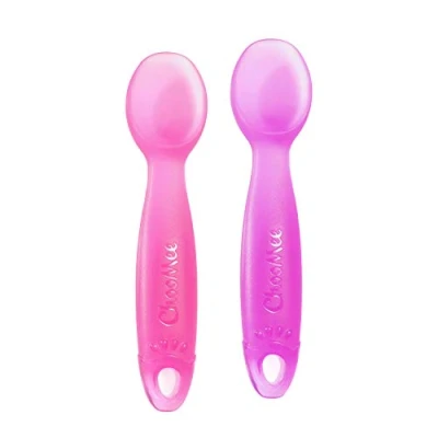 Image of ChooMee Baby Spoons, FirstSpoon Led Weaning Scoop and Catch Tiny Bites Pediatrician Approved Stage One Learning Utensil, 100% Silicone Chew Friendly Material, BPA Free 2 CT Aqua Green