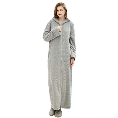 Image of KINOW Women Long Fleece Dressing Gown Soft Hooded Bathrobe Loungewear with Zipper Pink