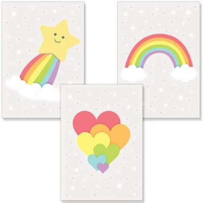 Image of PREMYO Wall Art Prints Nursery Decor Baby Room Decoration Girl Boy Kids Poster Set Rainbow Star Heart Picture A4