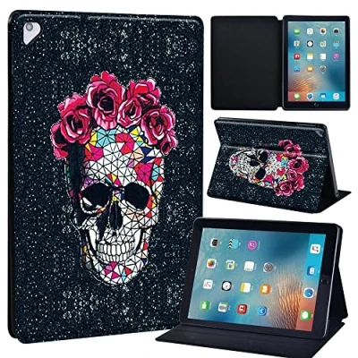 Image of Initial Letter Leather slim lightweight Stand Cover Case for Apple New iPad 9.7 2018 2017(6th Gen, 5th Gen)/iPad Air 2/iPad Air/iPad Pro Tablet with Auto Wake/Sleep (black skull)