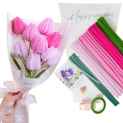 Image of YYUENG TAK 200 pcs Pink Pipe Cleaners for Craft,Pipe Tulip Bouquet (4 Colors) with Instructions and 12 Flower Stems,Flower Wrapping Paper,Ribbon,Tape,Chenille Stems DIY Arts &amp; Crafts