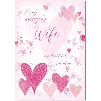 Image of doodlecards Wife Valentine&#039;s Day Card Pink Love Hearts Large A4 Size with Plain Envelope
