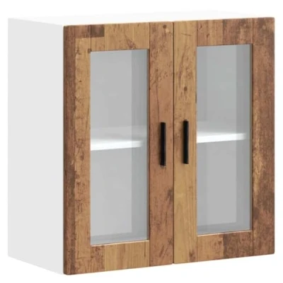 Image of vidaXL Porto Kitchen Wall Cabinet with Glass Doors Rustic Old Wood Engineered Material, Mounted Storage for Plates and Bowls, 60x31x60 cm ❰Kitchen Cupboard/Pantry❱