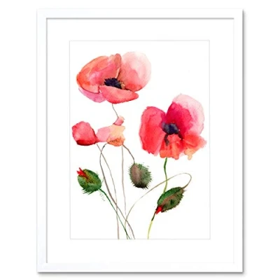 Image of Wee Blue Coo Flower Poppies Watercolour Art Print Framed Poster Wall Decor 12X16 Inch