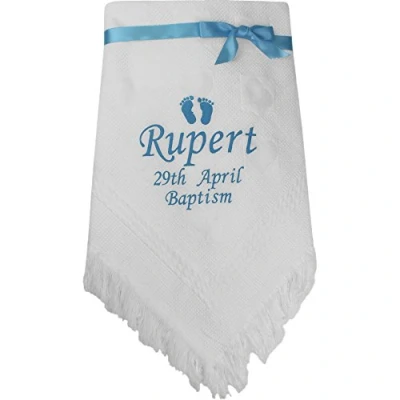 Image of Personalised Baby Boy&#039;s Baptism White &amp; Blue Shawl Blanket Gift with Name Embroidery
