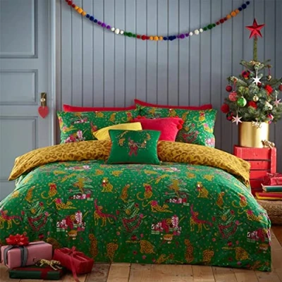 Image of furn. Purrfect Christmas Toddler Duvet Cover Set, Cotton, Polyester, Green/Gold
