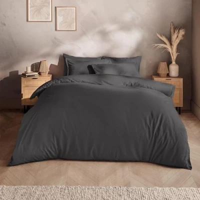 Image of Silentnight Washed Cotton Rich Duvet Set Soft &amp; Comfortable Touch Luxurious Oxford Edge Border with Button Fastening Stylish Modern Linen Look Quilt Cover + Pillowcase Bed Set, King, Charcoal