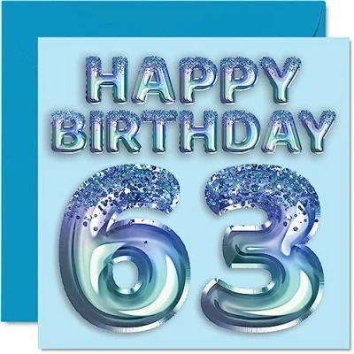 Image of 63rd Birthday Card for Men Blue Glitter Party Balloon Happy Cards 63 Year Old Man Uncle Grandad Dad Grandpa Gran, 145mm x Sixty Three Third Bday Greeting Gift