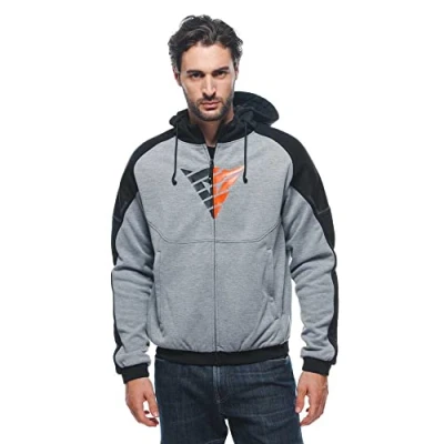 Image of Dainese Daemon X Safety Hoodie Full Zip, Fabric Motorcycle Sweatshirt, Shoulder And Elbow Protectors, Men&#039;s Jacket, Grey Melange/Black/Fluo Red, 52