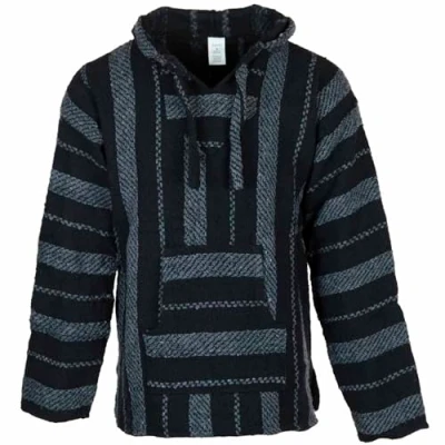 Image of Siesta Baja Hoodie Mexican Jerga Hooded Top Hippie Festival Jumper for Men and Women Dark Grey Stripe M