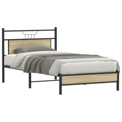 Image of vidaXL Bed Frame/Single in Sonoma Oak Engineered Wood &amp; Steel with Headboard/Storage 107x203 cm for Bedroom