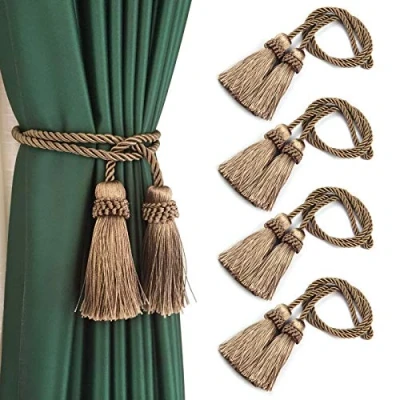 Image of Fenghuangwu 4 Pack Curtain Tiebacks Handmade Decorative Holdbacks Rope with Tassel (Flaxen)