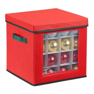 Image of Relaxdays Christmas Bauble Storage Box, 64 Compartments, Viewing Window, HWD: 30 x cm, Decor Spheres, Red/Green, Cardboard