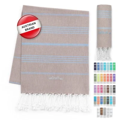 Image of LeStoff Turkish Hammam Towel Quick Drying &amp; Lightweight Peshtemal for Beach, Sauna, Bath, Travel, Yoga Camping Sand Proof Blanket 100% Organic Cotton Eco Friendly (95 x 180 cm, Beige Light Blue)