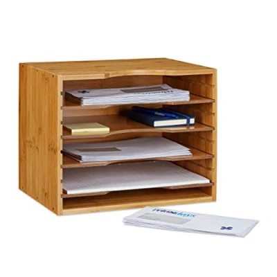 Image of Relaxdays Bamboo Holder, Size: 26.5 x 33.5 24.5 cm Storage System Desk Organizer Document Sorter with 4 Shelves Paper Organiser Made of Wood for Letters and Files, Natural Brown, 24.5x33.5x26.5
