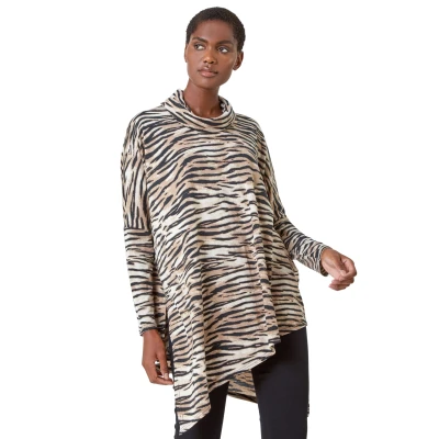 Image of Roman Originals Animal Print Asymmetric Stretch Top for Women UK Ladies Everyday Autumn Winter Roll Neckline Comfy Soft Evening Vacation Work Party Night Out Natural Size 12
