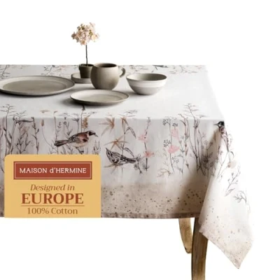 Image of Maison d&#039; Hermine Tablecloth 100% Cotton 140cmx180cm Washable Square Table Cover Decorative Easter Tablecloths for Dining, Buffet Parties &amp; Camping, Meadow Florals Brown, Spring/Summer