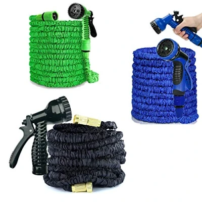 Image of 75FT/100FT/150FT/200FT Expandable Flexible Garden Hose Magic Pipes Car Washing Gardening with 7 Setting Professional Water Spray Nozzle Gun (Black, 75FT)