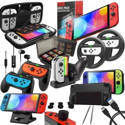 Image of Orzly Accessory Bundle Kit designed for Nintendo switch Accessories Geeks and OLED console users Case Screen protector, Joycon grips Wheels enhanced games play more Jet black