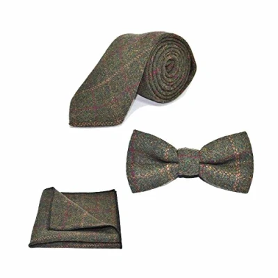 Image of King &amp; Priory Heritage Check Moss Green Bow Tie, Tie Pocket Square Set