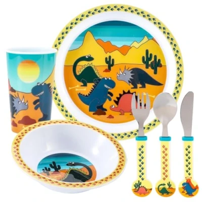 Image of Dinosaur Kids 6 Piece Reusable Dinner Set Plate/Bowl/Cup/Knife/Fork/Spoon Childrens Dinnerware Tableware Cutlery