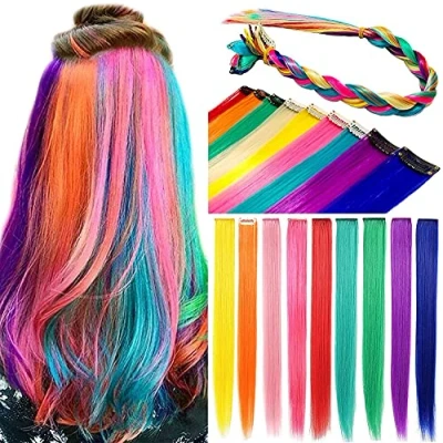 Image of ZHAOWWEI 9 Pcs Princess Colorful Extensions Multi Colors Party Highlights Streak Synthetic Hairpieces Clip In/Clip On Colored Hair (Rainbow)