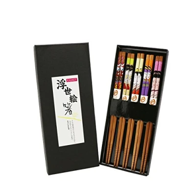 Image of Exzact Chopsticks Gift Set 5 Pairs of Reusable Natural Bamboo in a Beautiful Black Handmade Box Japanese Style