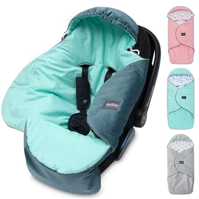 Image of Bellochi Universal Baby Car Seat Blanket for Swaddle with a Hood Made of Soft Cotton and Velvet OEKO TEX Certificate Fitts Maxi Cosi Romer Cybex Mint